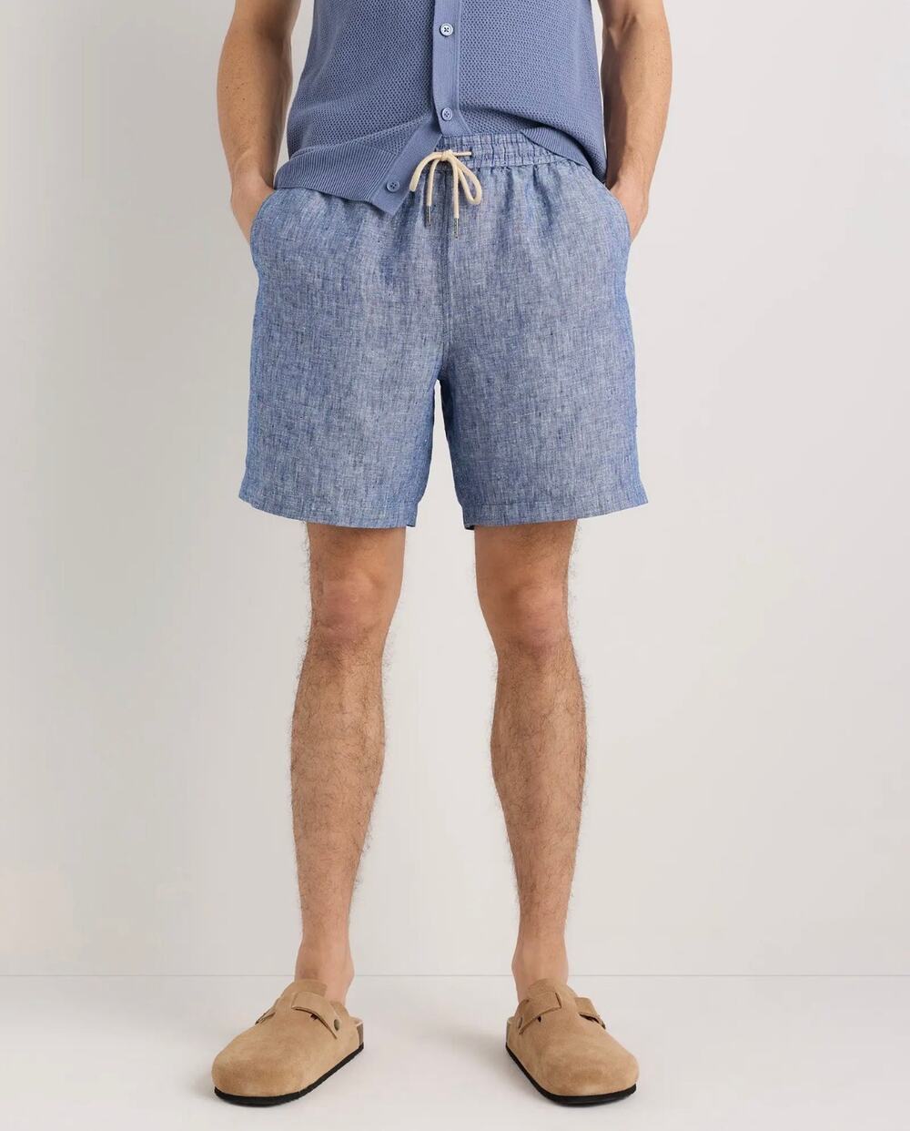 Quince Shorts Mens Large Blue Chambray 100% European Linen Drawstring Beach 7"